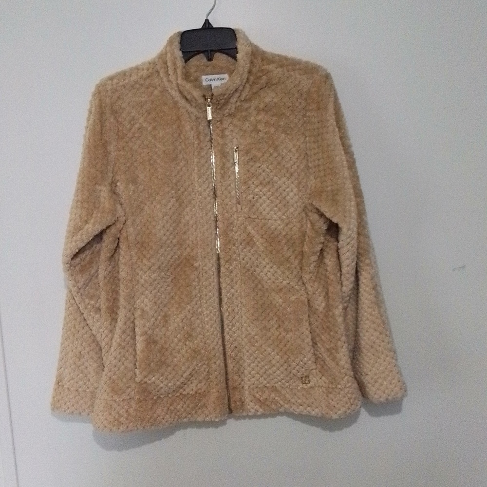 Calvin Klein ladies size large zip sweater jacket soft material beige NWT